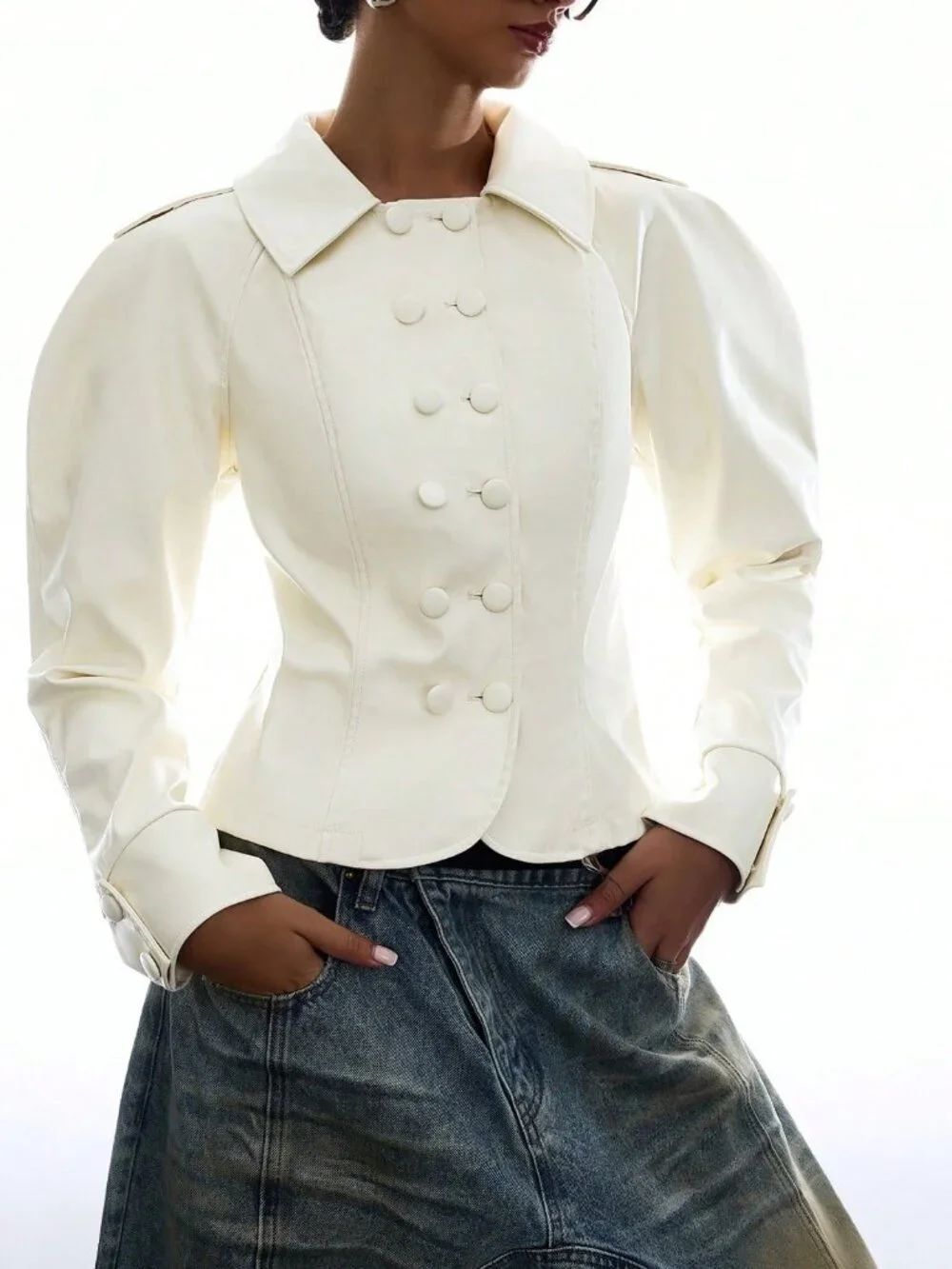 Beige Casual Double-Breasted Puff Long Sleeve Women's Elegant Streetwear Jacket